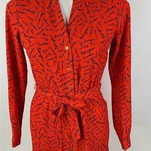 Banana Republic NWT Red dress  Black Script French Words Tie Waist Dress size 8